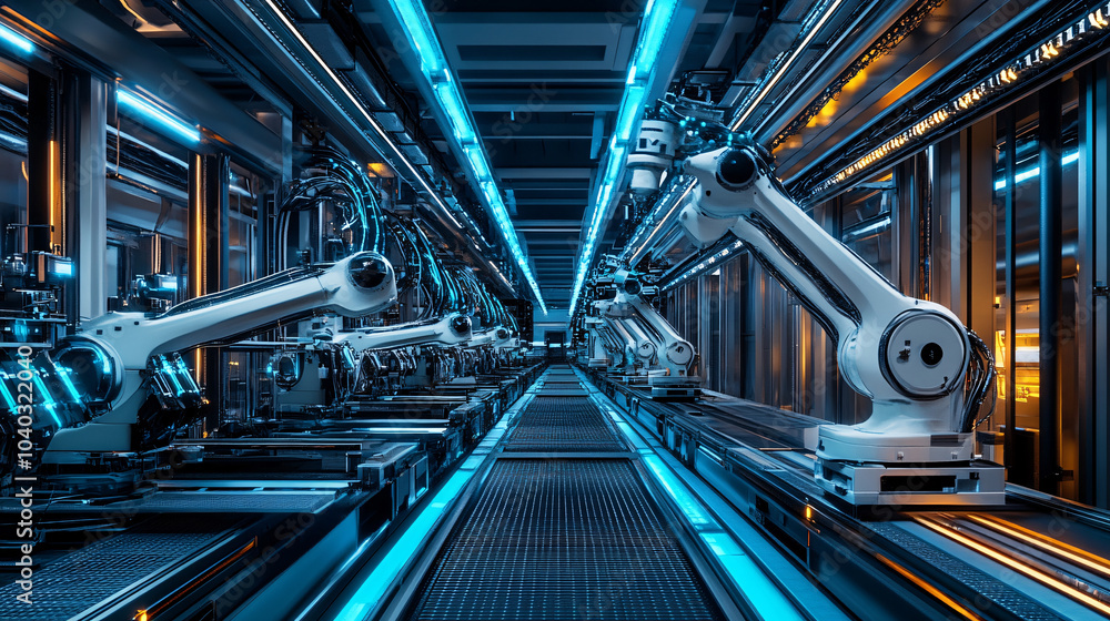 Futuristic Robotic Assembly Line with Blue and Yellow Lights 3D Rendering Futuristic Robotic Assembly Line with Blue and Yellow Lights 3D Rendering