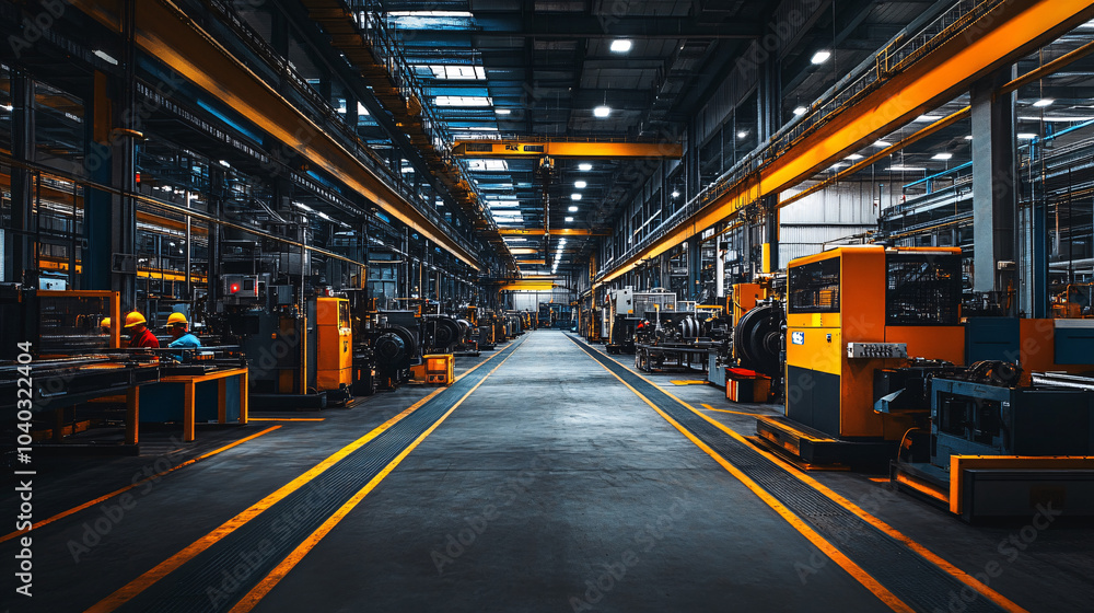 Industrial Factory Interior with Yellow Lines and Machinery Industrial Factory Interior with Yellow Lines and Machinery