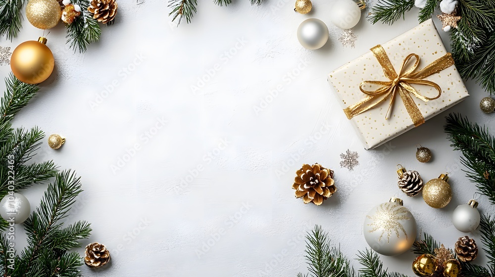 Christmas flat lay background with present box and holiday decor Christmas flat lay background with present box and holiday decor