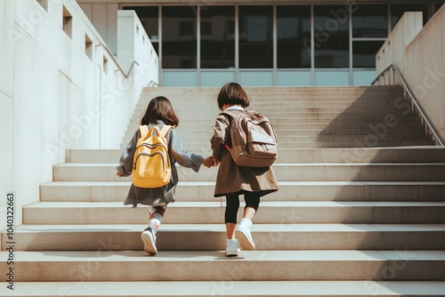 Backpack building walking stairs.