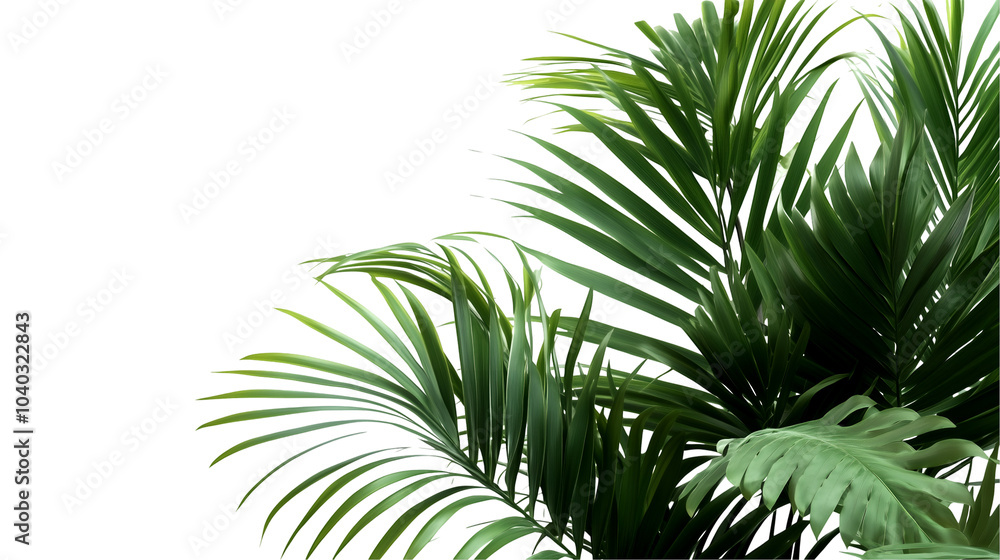 Green tropical palm leaves isolated on a transparent background showcasing lush foliage for botanical decor, PNG Green tropical palm leaves isolated on a transparent background showcasing lush foliage for botanical decor, PNG
