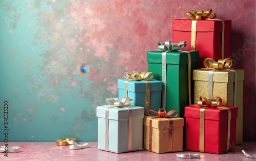 Wallpaper Mural Stack of holiday presents with shiny ribbons and bows. Torontodigital.ca