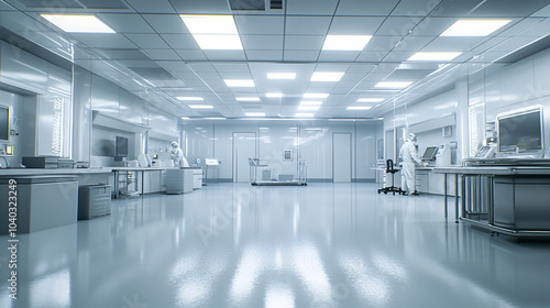 Modern Clean Room Interior with People in Protective Gear