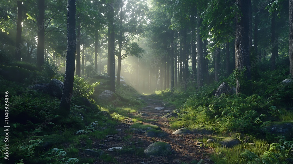 Obraz premium Hiking in the forest. Backpacker with backpack hiking in the forest.