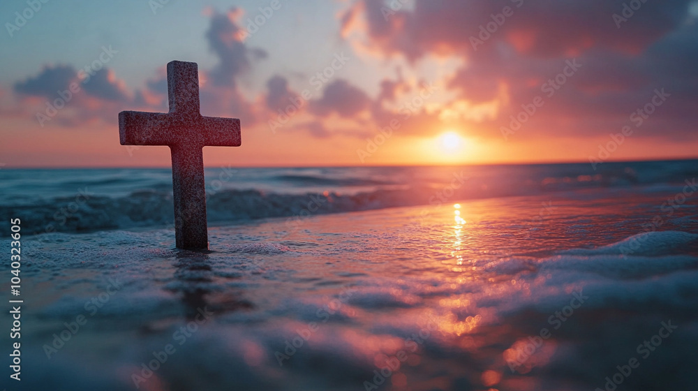 seascape at sunset with a silhouette of a cross in the foreground. The glowing sky reflects spiritual symbolism, evoking feelings of hope, peace, and reflection in nature's beauty seascape at sunset with a silhouette of a cross in the foreground. The glowing sky reflects spiritual symbolism, evoking feelings of hope, peace, and reflection in nature's beauty