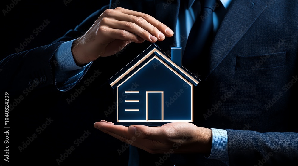 A professional man in a suit holds a house icon, symbolizing home protection and investment, against a dark background. A professional man in a suit holds a house icon, symbolizing home protection and investment, against a dark background.