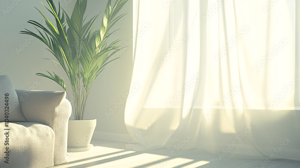 Minimalist living room with soft natural lighting, a neutral sofa, and a large indoor plant creating a fresh, airy vibe Minimalist living room with soft natural lighting, a neutral sofa, and a large indoor plant creating a fresh, airy vibe
