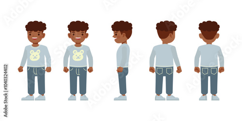 Kid boy front, side and back wear blue shirt character vector illustration design set. Presentation in various action.