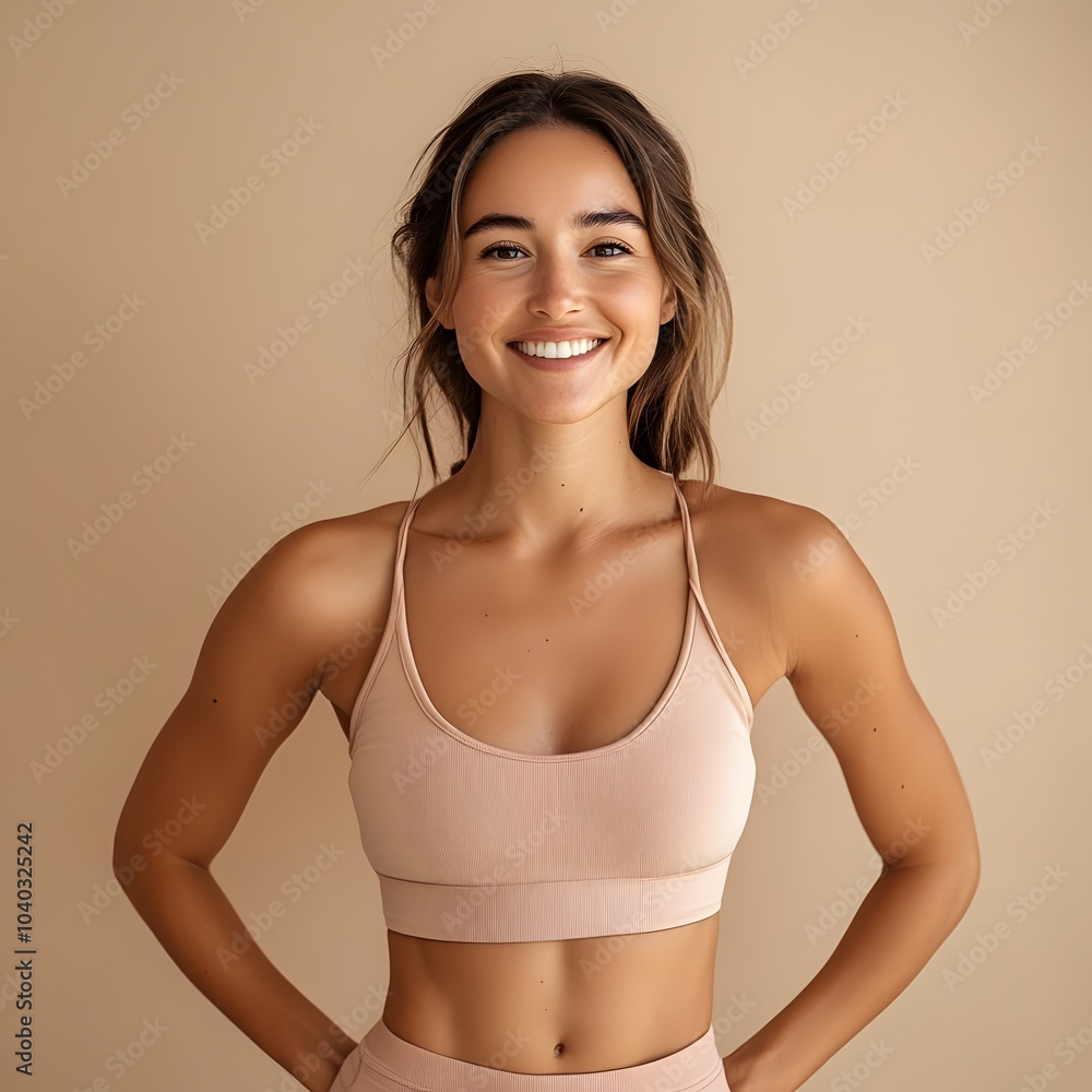 Smiling woman in sportswear posing confidently against a beige background, exuding natural beauty and fitness inspiration Smiling woman in sportswear posing confidently against a beige background, exuding natural beauty and fitness inspiration