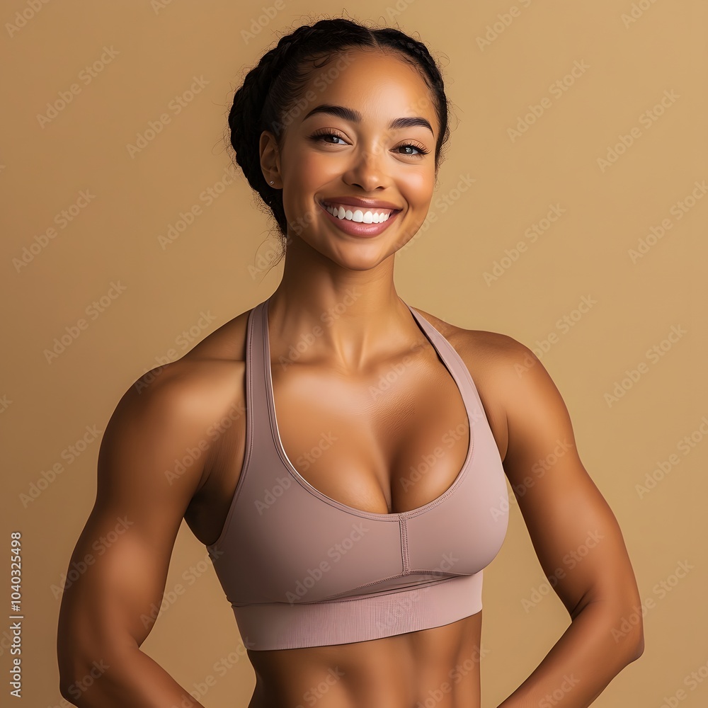 Smiling woman in sportswear posing confidently against a beige background, exuding natural beauty and fitness inspiration Smiling woman in sportswear posing confidently against a beige background, exuding natural beauty and fitness inspiration