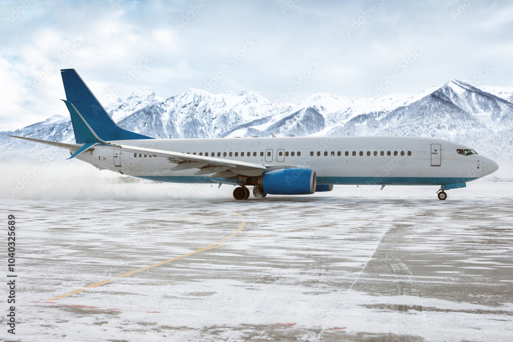 Taxiing of a passenger jet plane on the airport in a snow blizzard on the background of high scenic snow capped mountains Taxiing of a passenger jet plane on the airport in a snow blizzard on the background of high scenic snow capped mountains