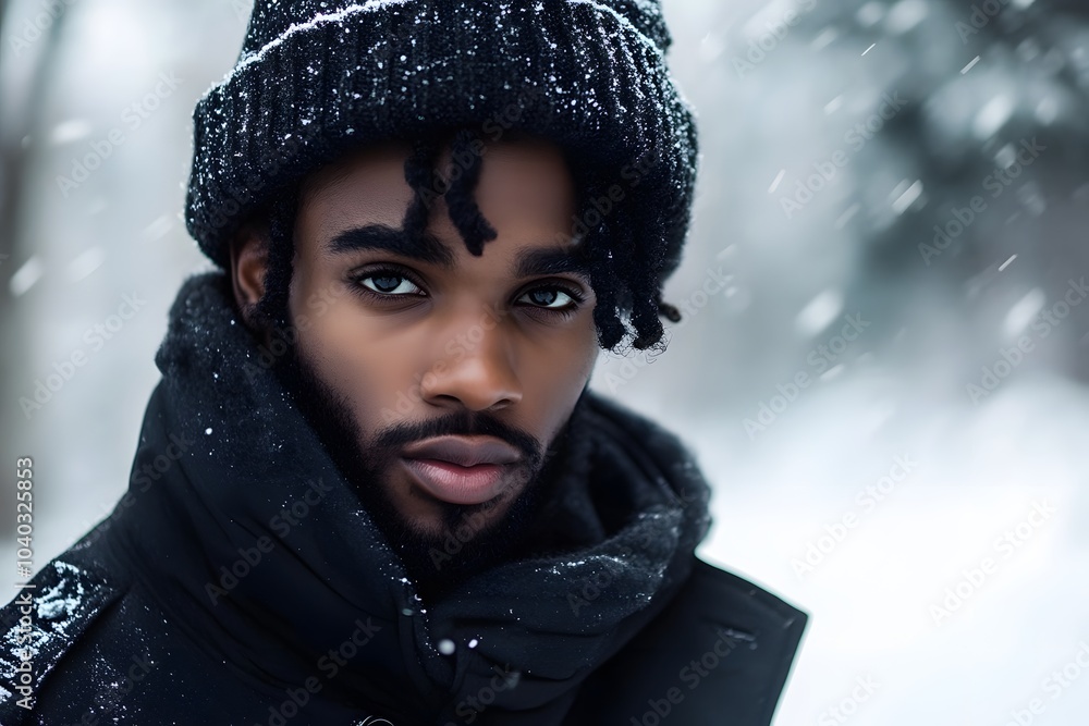 portrait of a black man with beard outdoors on the snow in the cold peaceful winter portrait of a black man with beard outdoors on the snow in the cold peaceful winter