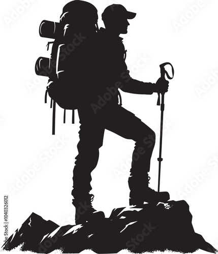 Mountain trekking person silhouette vector illustration isolated on a white background
