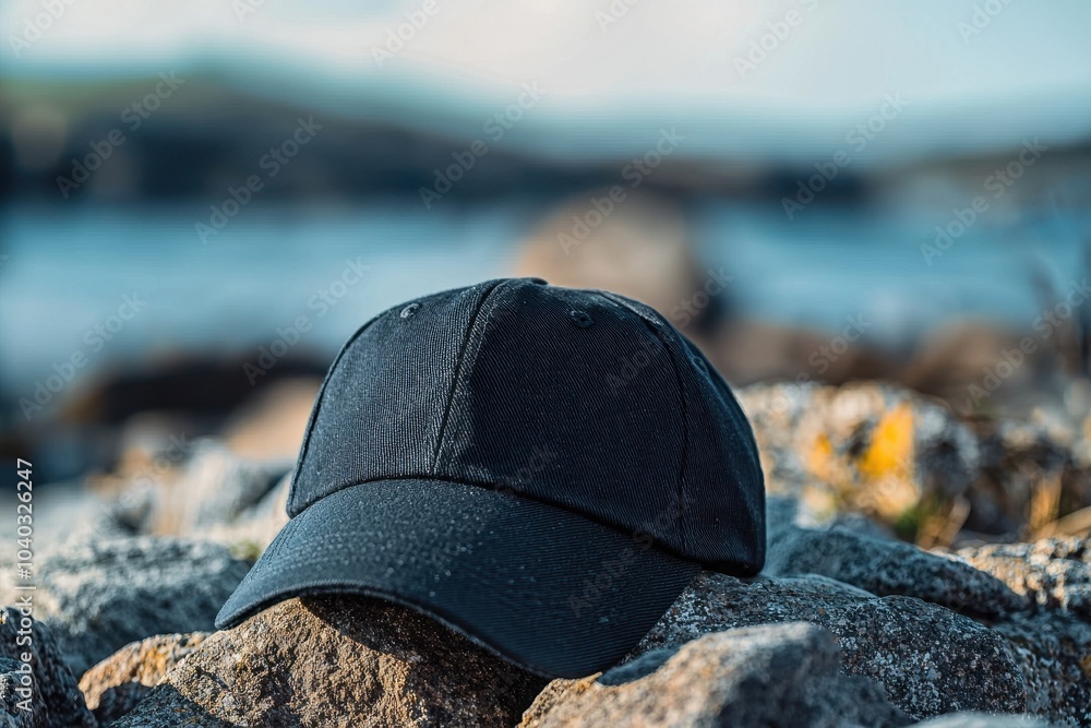 A close-up mockup shot of a black cap with sturdy fabric, resting on rugged coastal rocks with blurred ocean background. Perfect for outdoor fashion, travel concepts, marketing and lifestyle branding. A close-up mockup shot of a black cap with sturdy fabric, resting on rugged coastal rocks with blurred ocean background. Perfect for outdoor fashion, travel concepts, marketing and lifestyle branding.