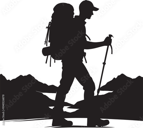 Mountain trekking person silhouette vector illustration isolated on a white background