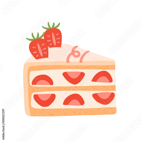 Birthday cake slices set. Sweet holiday bakery pieces collection. Pastry chocolate fruit, berry dessert with candles for breakfast. Vector hand drawn flat cartoon illustration