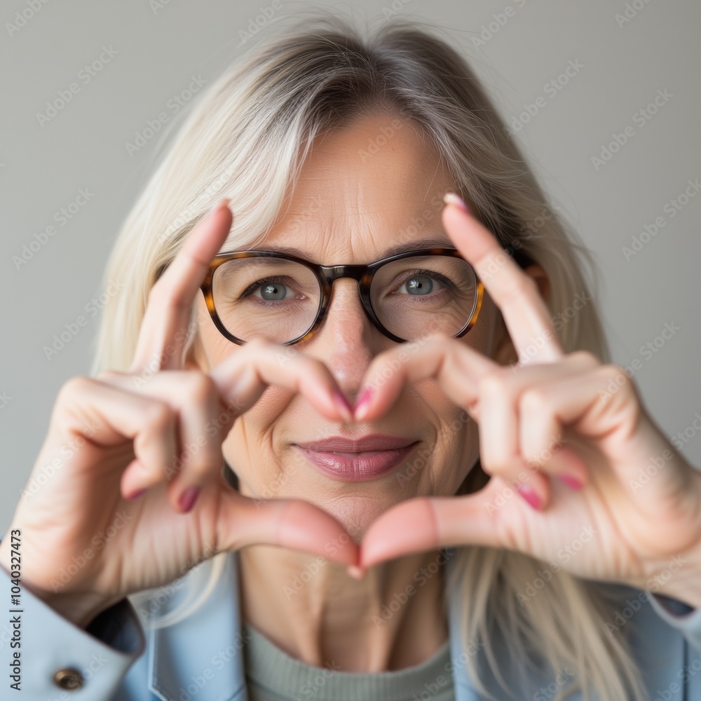 Mature woman wears eyeglasses looking at camera through joined fingers showing heart symbol, close up. Advertises eyewear store, laser vision correction, health check-up, cardio vitamins, sign of love Mature woman wears eyeglasses looking at camera through joined fingers showing heart symbol, close up. Advertises eyewear store, laser vision correction, health check-up, cardio vitamins, sign of love
