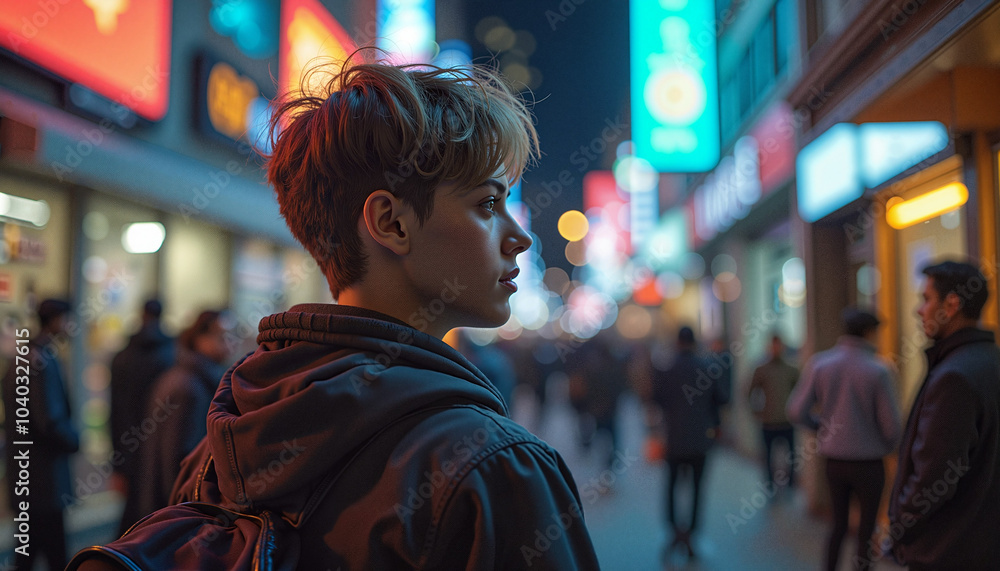 Obraz premium Young person looking thoughtfully at neon lights in a bustling city at night