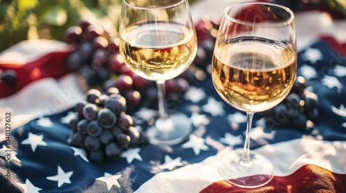 Celebration of Independence, two glasses of red wine beside fresh grapes on an American flag blanket, embodying the festive spirit of a July Fourth picnic.
