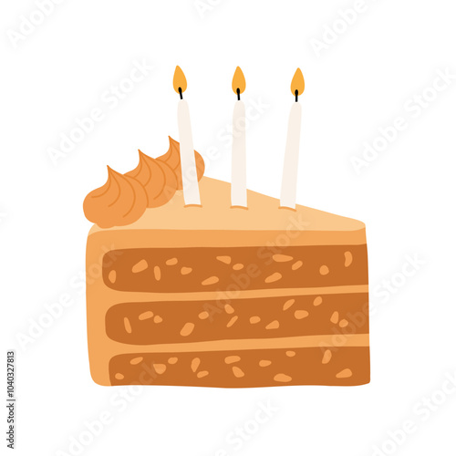 Birthday cake slices set. Sweet holiday bakery pieces collection. Pastry chocolate fruit, berry dessert with candles for breakfast. Vector hand drawn flat cartoon illustration