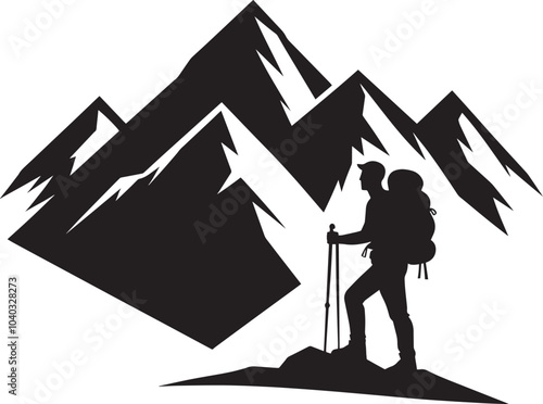 Mountain trekking person silhouette vector illustration isolated on a white background