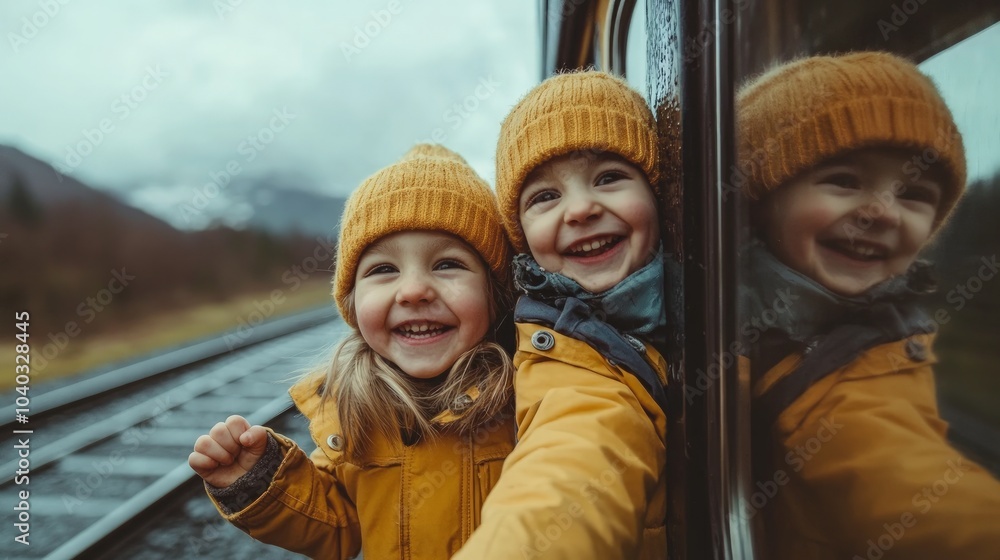 Joyful siblings gazing out the train window, sharing a moment of happiness during their journey, expressions filled with excitement and wonder as landscapes pass by. Joyful siblings gazing out the train window, sharing a moment of happiness during their journey, expressions filled with excitement and wonder as landscapes pass by.