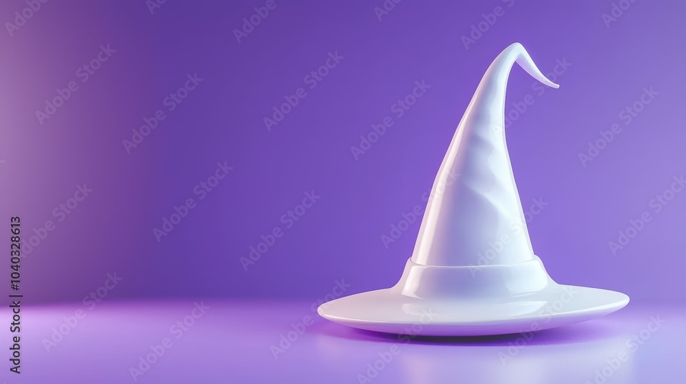 Fototapeta premium Stylish white wizard hat on purple background.