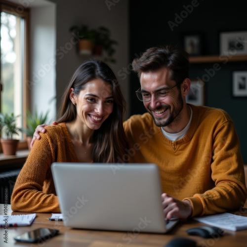 Young couple of new homeowners using laptop while doing their taxes.