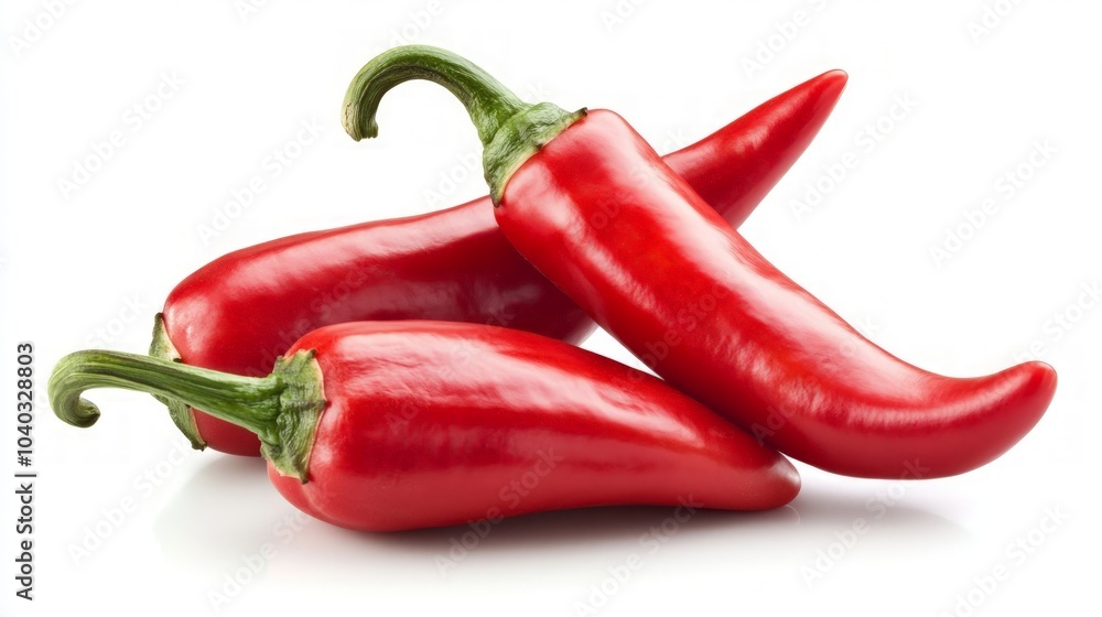 Vibrant Red Chili Peppers, two bright red chili peppers showcasing their glossy skin and distinct shape, isolated against a clean white backdrop for a bold visual impact Vibrant Red Chili Peppers, two bright red chili peppers showcasing their glossy skin and distinct shape, isolated against a clean white backdrop for a bold visual impact