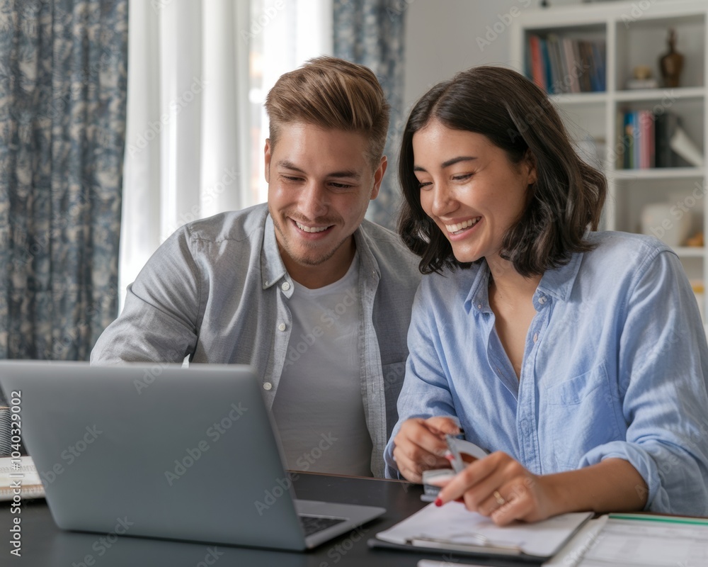 Young couple of new homeowners using laptop while doing their taxes. Young couple of new homeowners using laptop while doing their taxes.