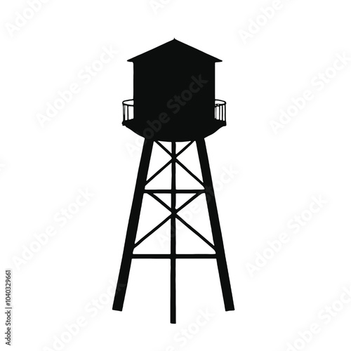 A black silhouette of a water tower on a tall metal frame 