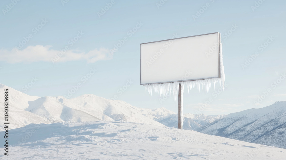 Billboard Framed by Icicles on Snowy Mountain Peak Billboard Framed by Icicles on Snowy Mountain Peak