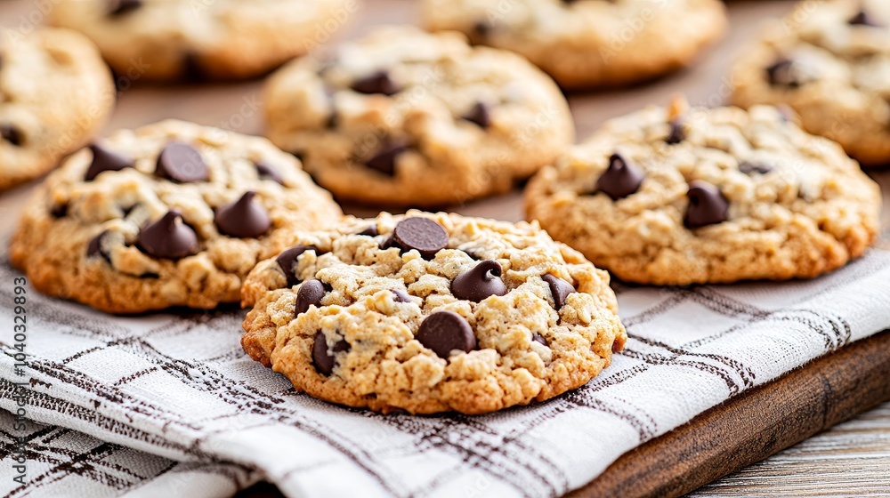 Freshly Baked Chocolate Chip Cookies on Wooden Board Freshly Baked Chocolate Chip Cookies on Wooden Board