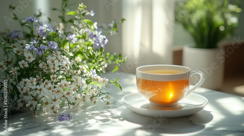 A cup of green tea and black tea is placed on white marble, flowers background