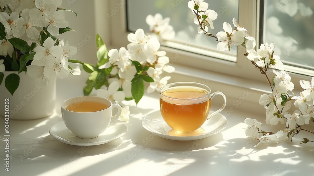 A cup of green tea and black tea is placed on white marble, flowers background A cup of green tea and black tea is placed on white marble, flowers background