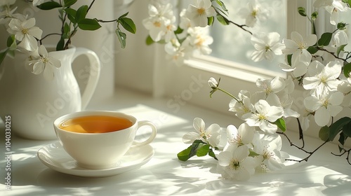 A cup of green tea and black tea is placed on white marble, flowers background