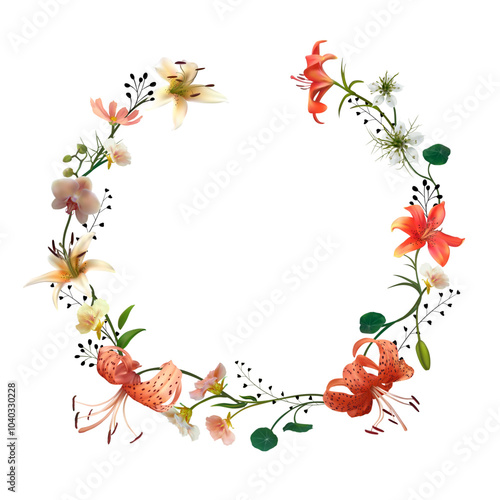 Beautiful floral background. Tiger lilies. Tropical flowers. Bright and colorful flowers and leaves. Orchid. Nasturtium.