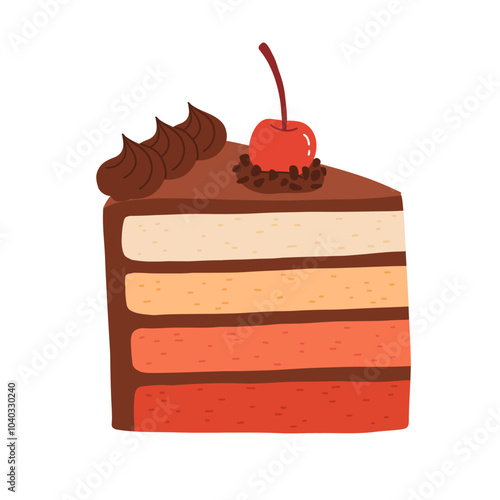 Birthday cake slices set. Sweet holiday bakery pieces collection. Pastry chocolate fruit, berry dessert with candles for breakfast. Vector hand drawn flat cartoon illustration