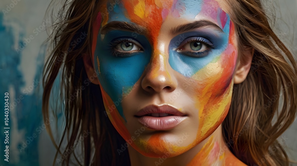 Realistic Portrait of a Woman with Vibrant Abstract Face Paint Blending Into Skin Realistic Portrait of a Woman with Vibrant Abstract Face Paint Blending Into Skin