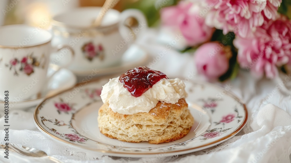 Creamy Scone with Jam and Floral Setting