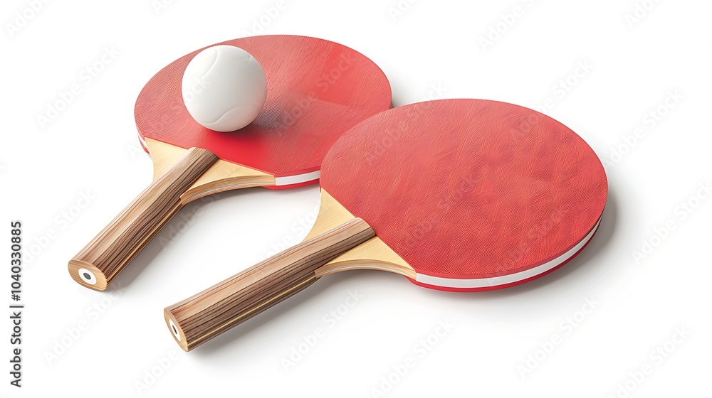 Table tennis racket and ball on white background