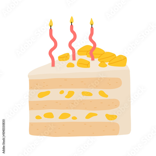 Birthday cake slices set. Sweet holiday bakery pieces collection. Pastry chocolate fruit, berry dessert with candles for breakfast. Vector hand drawn flat cartoon illustration