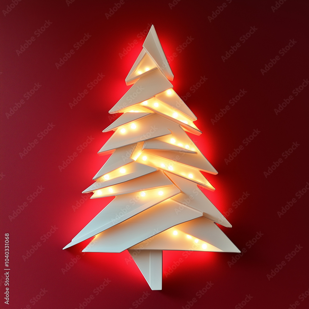 a wall lamp designed as an abstract Christmas tree, crafted from metal and white-painted wood, adorned with LED lights against a red background. a wall lamp designed as an abstract Christmas tree, crafted from metal and white-painted wood, adorned with LED lights against a red background.