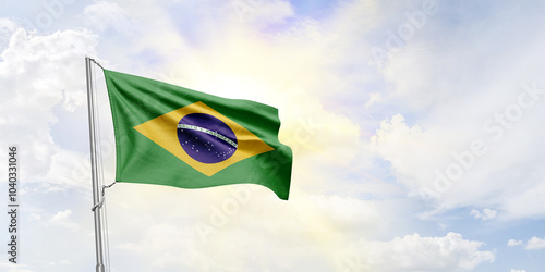 Brazil flag waving on sky background. 3D Rendering