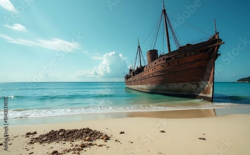 Rusty shipwreck aground on a tropical beach, turquoise water. photo