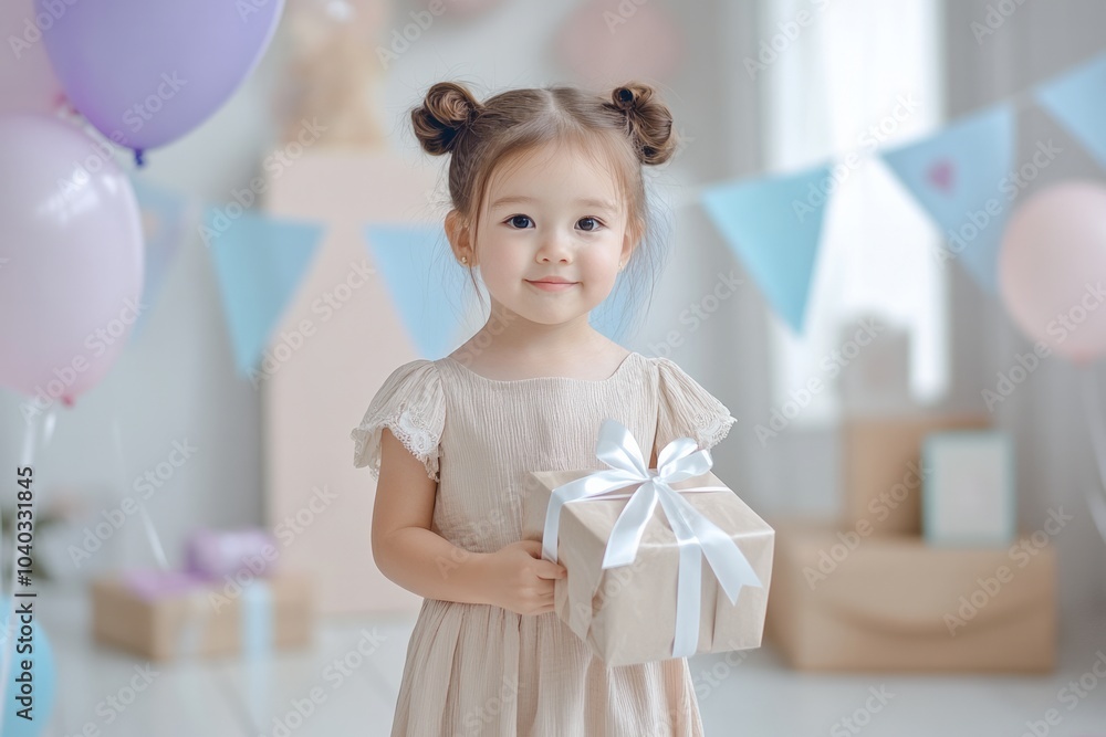 little girl holding gifts with white ribbon wrapped around her hand and birthday balloons in the background. little girl holding gifts with white ribbon wrapped around her hand and birthday balloons in the background.