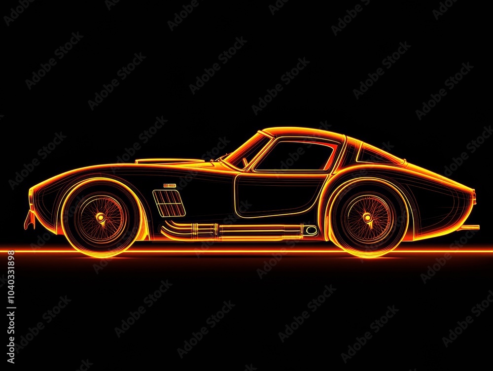 Naklejka premium Aerial view thick vector lines, full body neon orange silhouette of vintage sports car towards the viewer on pure all black background.