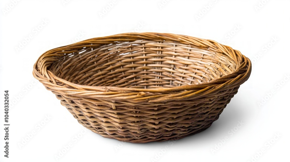 Wicker Basket on White Background, a finely crafted wicker basket showcasing intricate weaving, isolated against a clean white backdrop for versatile use in design projects. Wicker Basket on White Background, a finely crafted wicker basket showcasing intricate weaving, isolated against a clean white backdrop for versatile use in design projects.