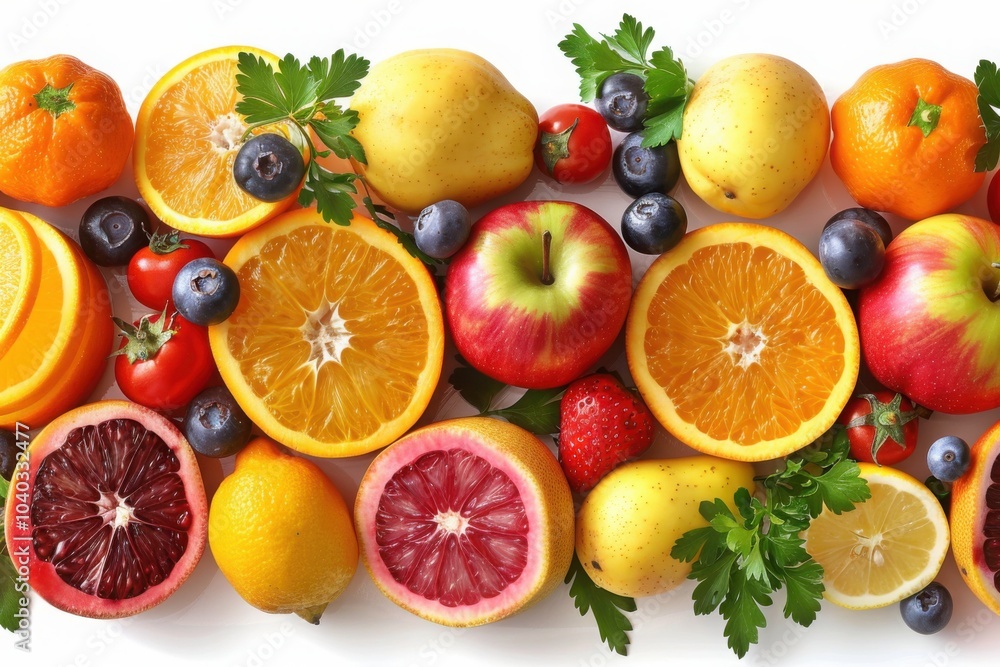 A variety of fresh fruits including oranges lemons apples and berries arranged on a white background with vibrant colors
A variety of fresh fruits including oranges lemons apples and berries arranged on a white background with vibrant colors