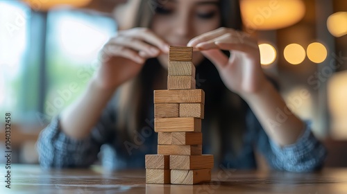 Young woman placing wooden blocks on tower, business plan and strategy, risk concept to grow business with jengka wooden blocks. management risk. Ultra realistic. Photorealistic photo